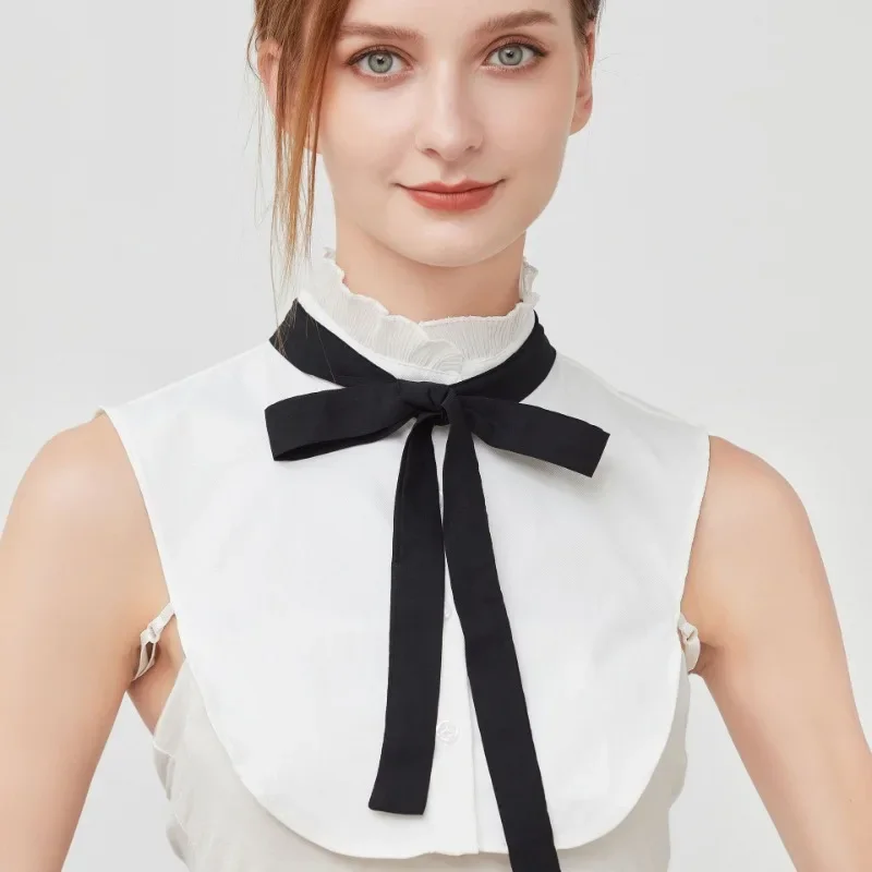 여성용 한국 스타일 셔츠 가짜 칼라 리본 타이 페이크 칼라 반셔츠 블라우스 가짜 칼라 스웨터 셔츠 탈부착 가능한 칼라