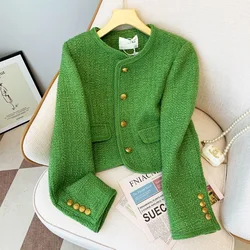 Chaqueta de Tweed con fragancia pequeña para mujer, abrigo corto elegante con cuello redondo verde, ropa de oficina de un solo pecho, moda coreana, Otoño, nuevo