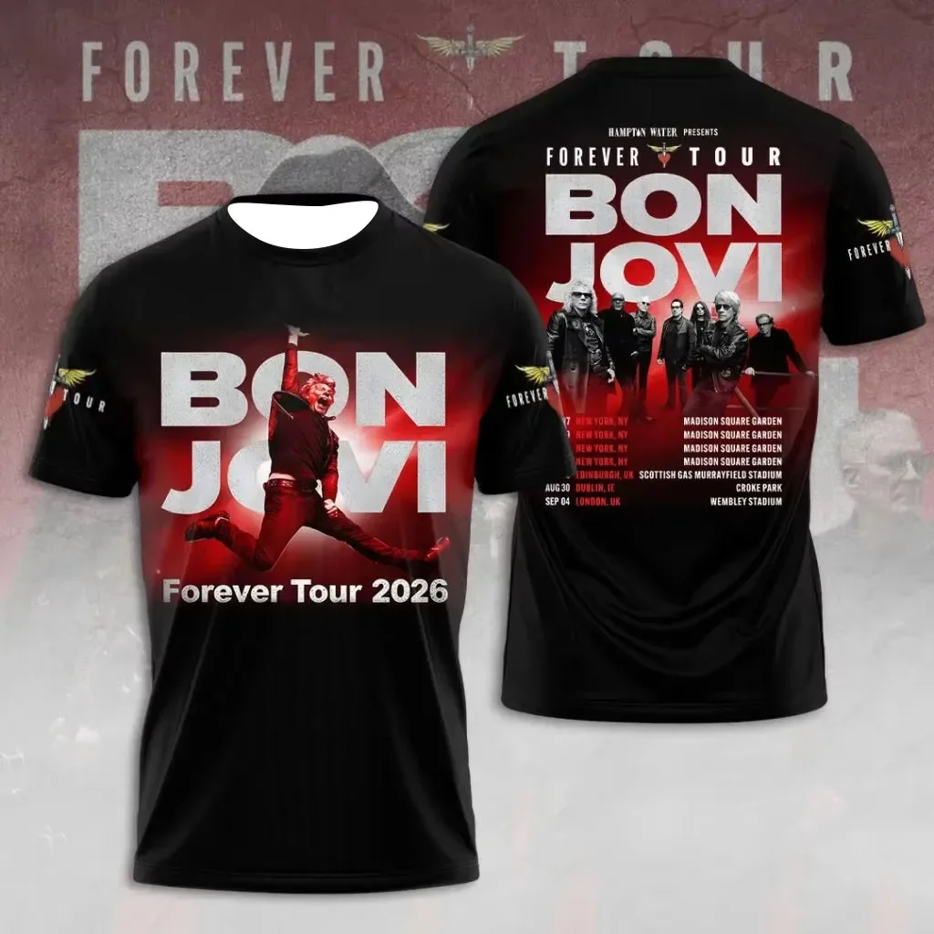 Camiseta Esportiva Casual Impressa em 3D, Unissex, Estilo Y2k, Bon Jovi 2026 Tour Forever, Camiseta Masculina e Feminina de Manga Curta, Streetwear Ba