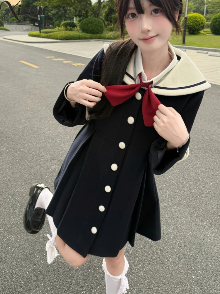 

Autumn Winter Japanese College JK Uniform Woolen Coat Petite Women Navy Blue Sailor Collar Red Bow Paw Print Button Cute Slim