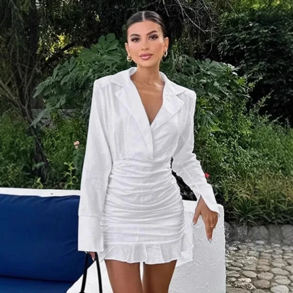 

2026 Spring Commute Suit Dress Women Design Sense Elegant Design Layering White Waist Cinching Long Sleeve Bodycon Skirt