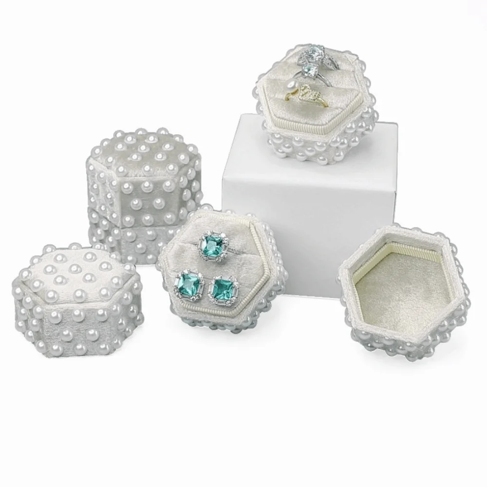 

Pearl Velvet Ring Box Hexagon 2/3 Slots Ring Gift Box Wedding Decor with Detachable Lid Elegant Jewelry Box for Wedding Ceremony