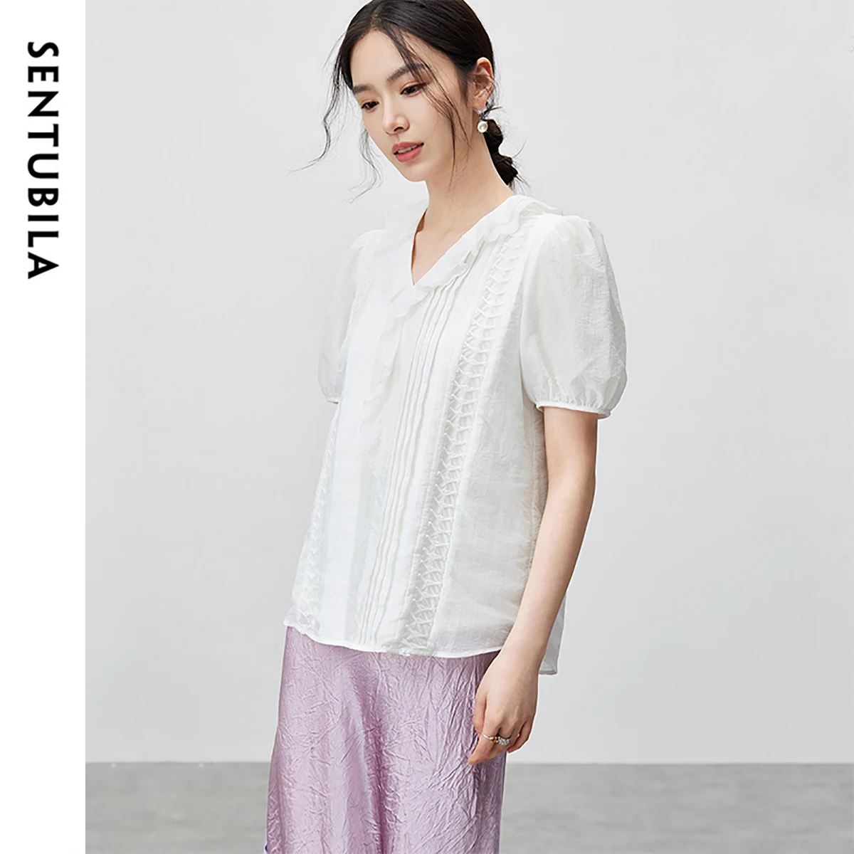 SENTUBILA Elegant Ruffles White Blouse For Women 2025 Spring Straight Chiffon V Neck Puff Sleeve Folds Pullover 142V54948