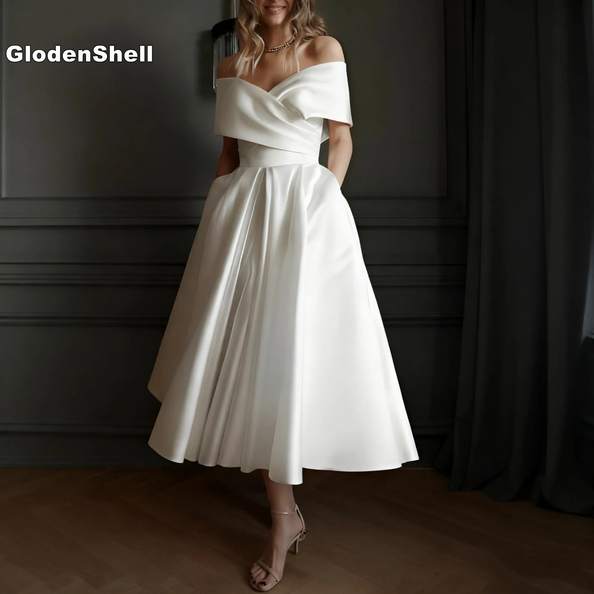 

Off Shoulder Wedding Dress 2025 Satin A-Line Ankle-Length Princess Bride Gown Lace Up With Pockets Customized Vestido De Novia