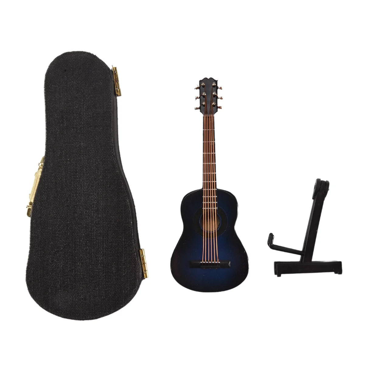 A-Wooden Miniature Guitar with Stand and Case Mini Musical Instrument Miniature Doll House Model Home Decoration