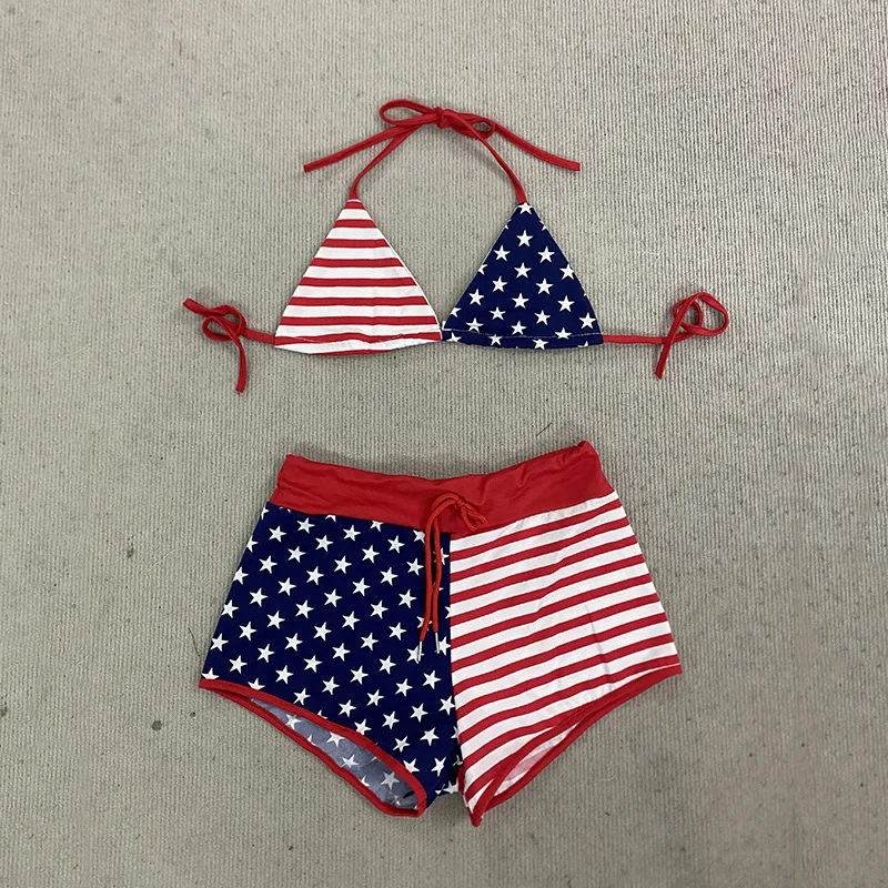 

Drawstring Waist Shorts Split Two Piece Suit Summer American Creative Camisole Contrast Fashion Bikini Holiday Beach Swimsuit