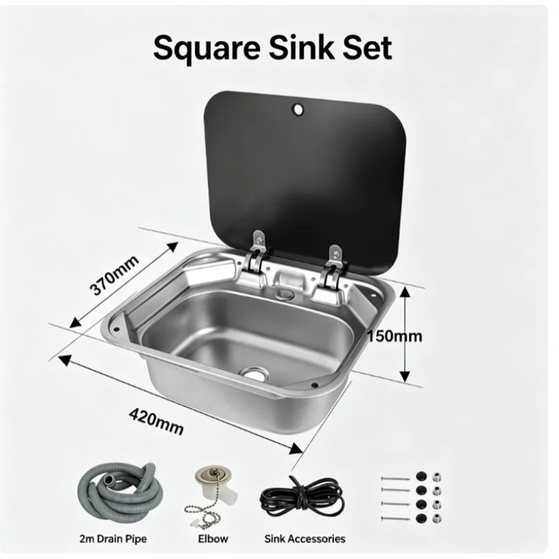304 Stainless RV Sink Concealed Flip Lid Foldable Hot Cold Faucet Space Saving Hand Basin for Camper Van Boat Tiny Kitchen