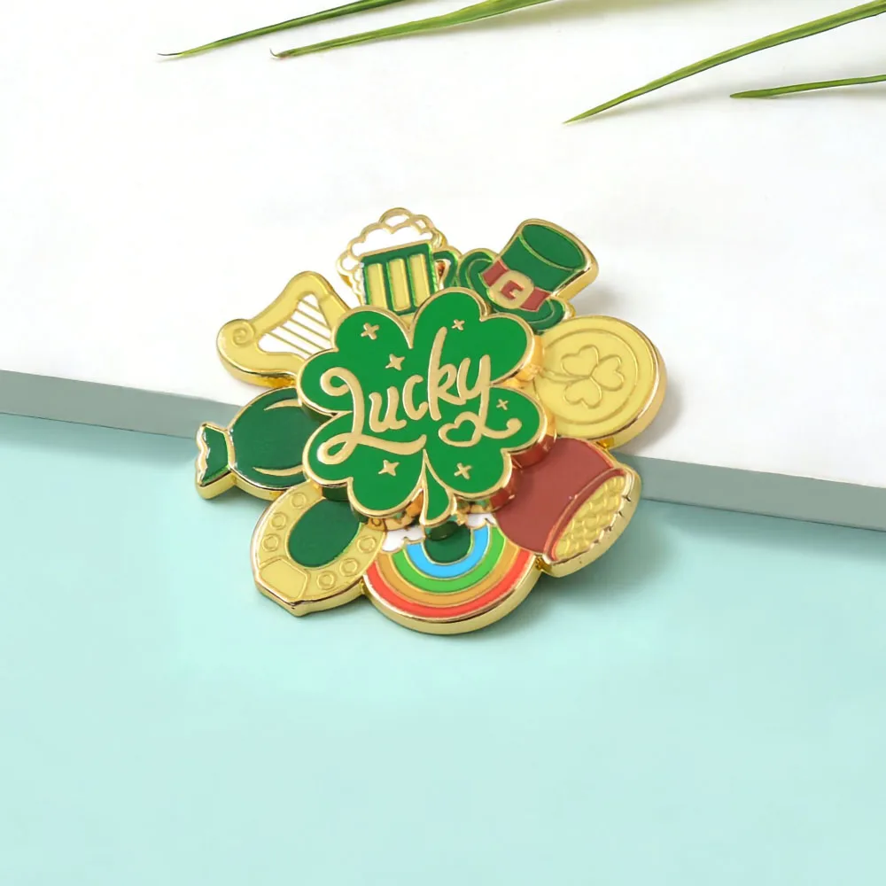 St. Patrick's Day Glücksbringer Vierblättriges Kleeblatt Brosche Irischer Feenhut Regenbogen Goldmünze Harfe Abzeichen Schmuck und Accessoires Geschenk – Detail 10