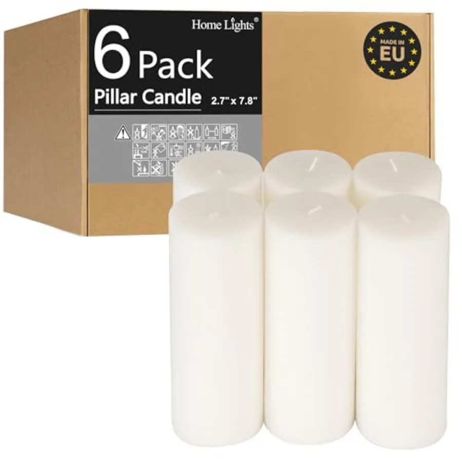 

HomeLights Pillar Candles - 2.7x8 inch 80 Hours Burning, 6 Count - White Unscented Smokeless European Pillar Candles - Perfect