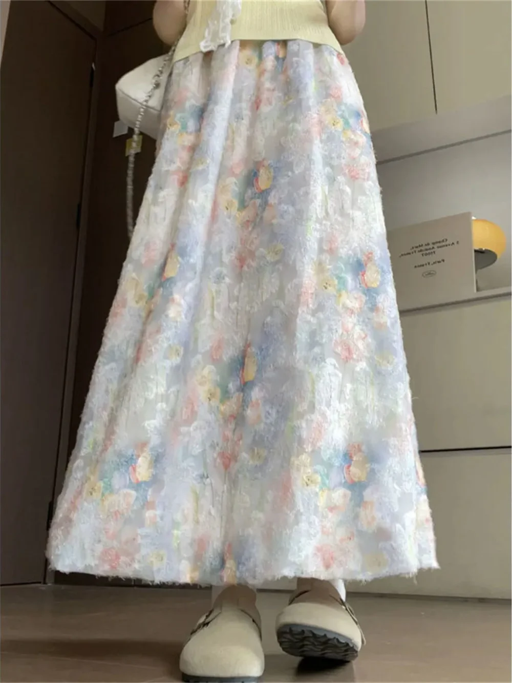 

Нежная цветочная юбка-полусолнце для женщин, летняя, с высокой талией, длинная, с цветочным узором, винтажная, с бахромой, весенняя, элегантная, для офиса