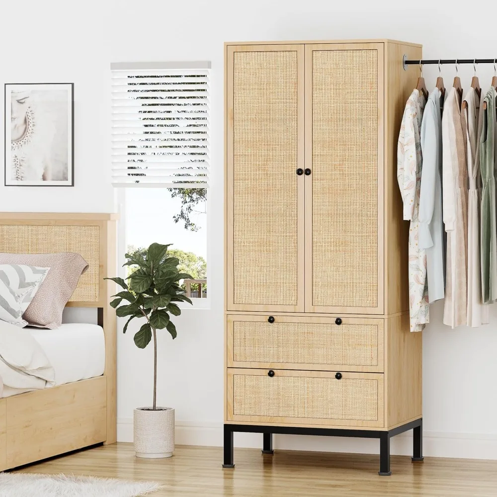

74" Natural Rattan Woven Wardrobe with Hanging Rod, Wooden Armoire Storage Cabinet with Large Drawers & Adjustable Shelves