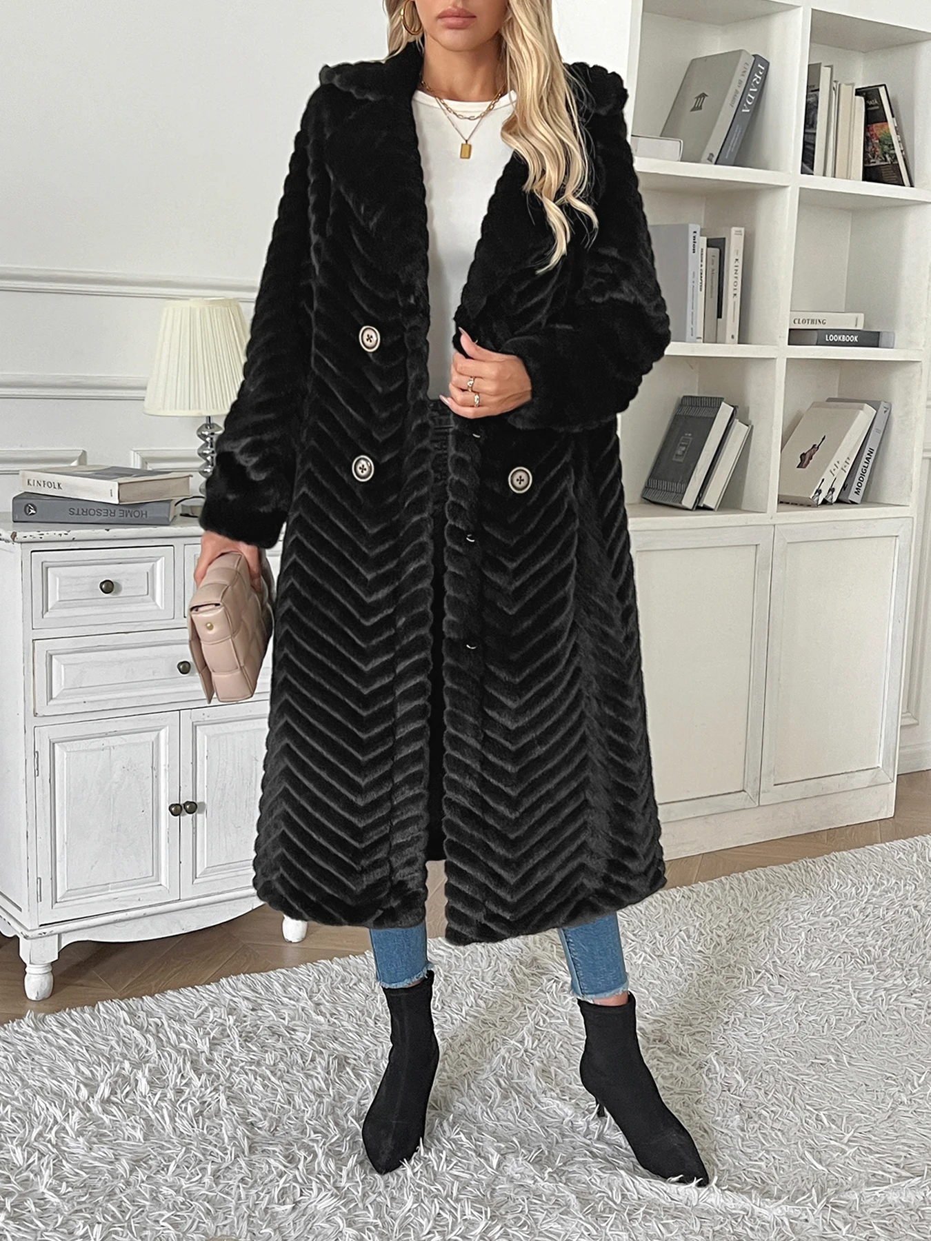 2024 Herbst und Winter neue V-Muster Imitation Pelz langen Anzug Kragen Jacke lose warme High-End Luxus Damen mantel