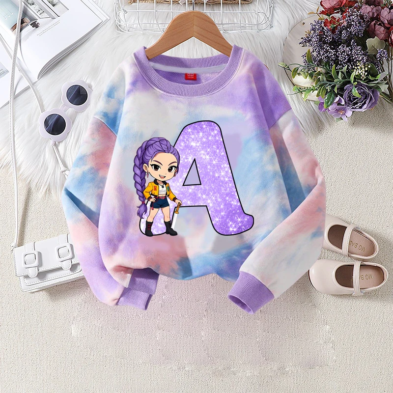 Move k-pop Demon Hunters Tie Dye sudadera estampada letra A-Z jersey de dibujos animados Kawaii niñas ropa de cumpleaños Sudadera con capucha de cuello redondo