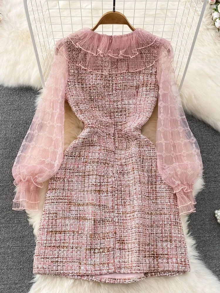 Elegancka francuska sukienka z tweedu z siateczkowymi wstawkami, damska sukienka vintage w kształcie litery A, mini, z falbankami przy kołnierzyku, kokardą i długim rękawem, nowa jesienna kolekcja.