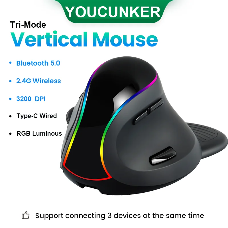 

2.4G Bluetooth Tri-Mode Ergonomics Vertical Mouse 7 Buttons 3200 DPI RGB Backlit Gaming Mause Wireless Right Hand Wired PC Mice