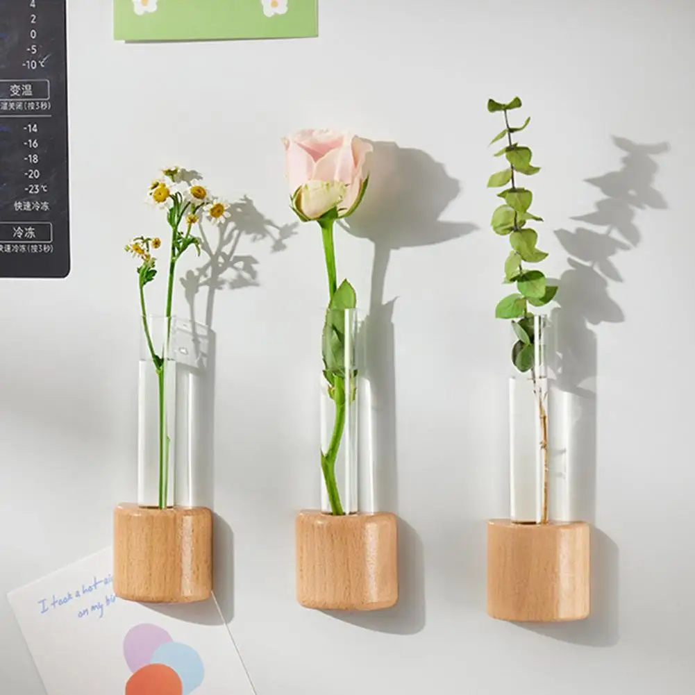 Refrigerator Magnet Hydroponic Plants Test Tube Vase Window Wooden Vase Planter Home Office Magnet Fridge Decoration