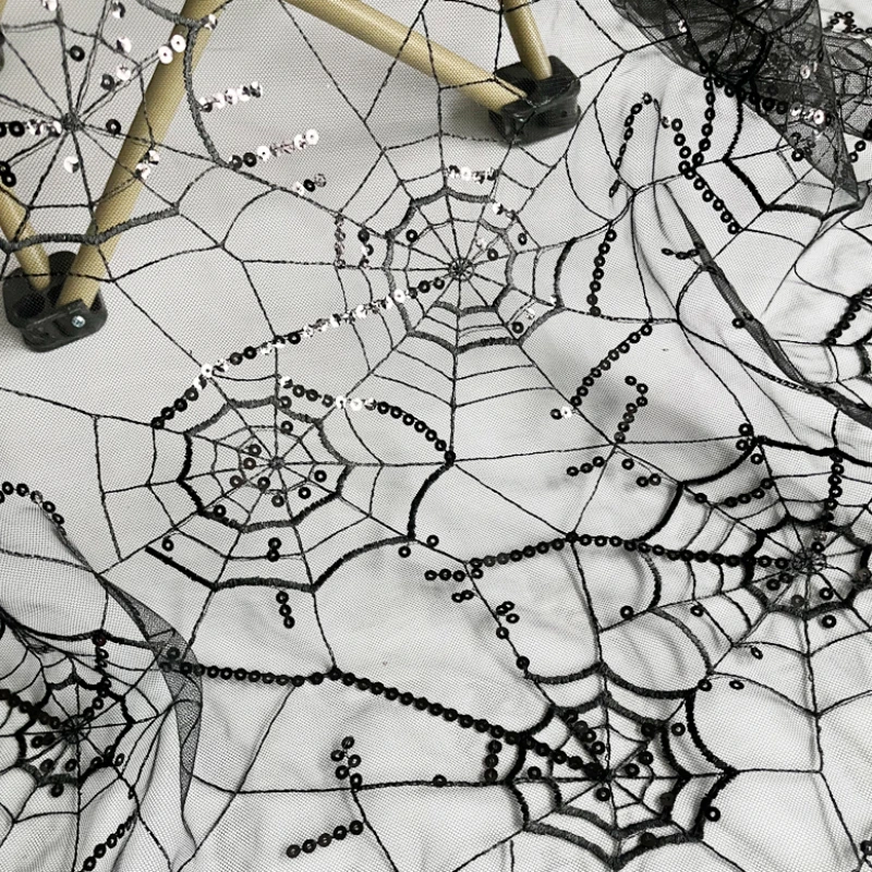 Black Spider Web Embroidered Lace Fabric with Shiny Sequins for Dressmaking and Background Decoration By The Meter