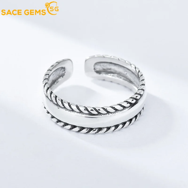 

SACE GEMS Ring for Women S925 Sterling Silver Personality Braided Hemp Rope Ring Female Creative Retro Fine Jewelry Wholesale