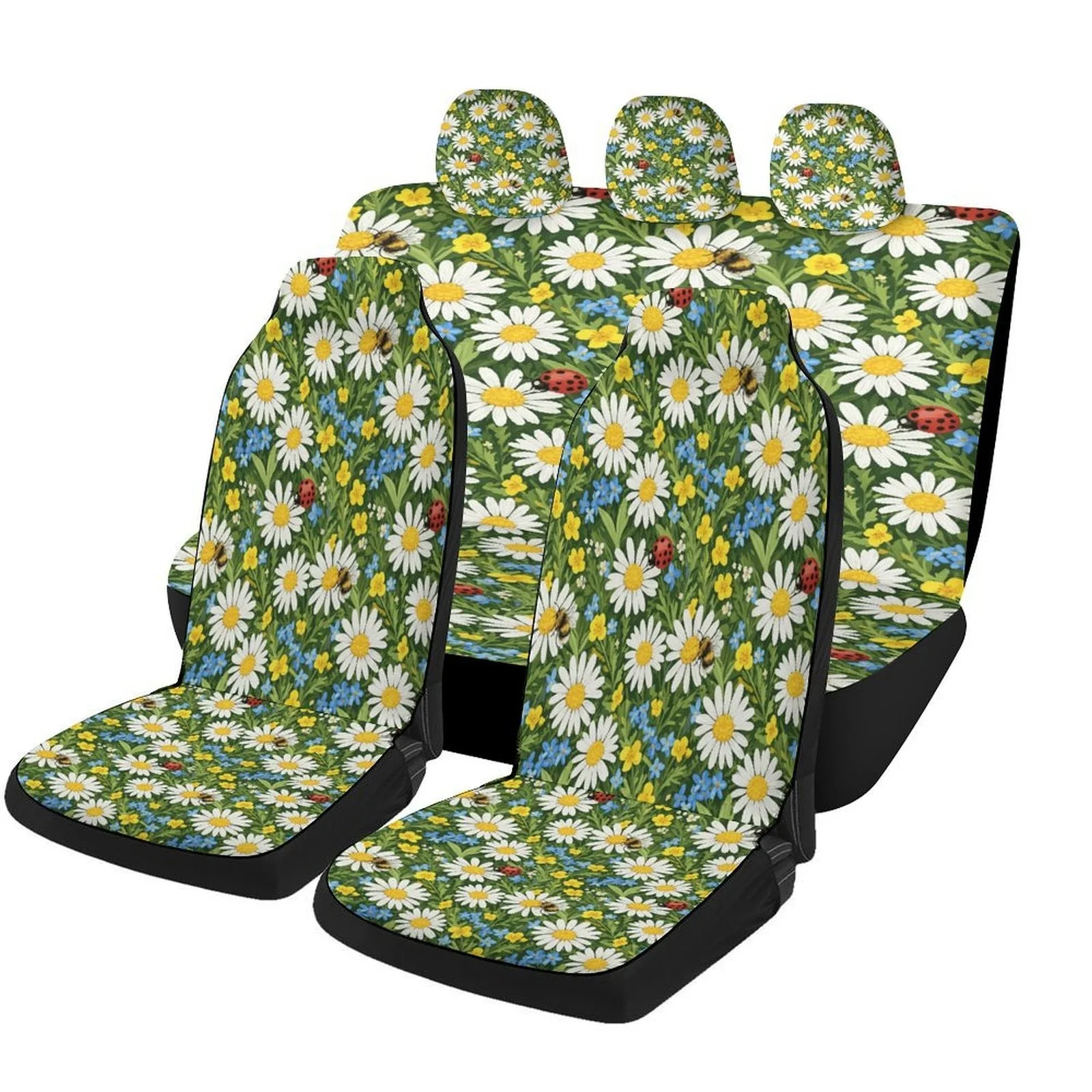 Set Of Car Covers Featuring A Daisy Field Design, Suitable For Various Vehicles. These Trendy And Breathable Covers Serve As Dec