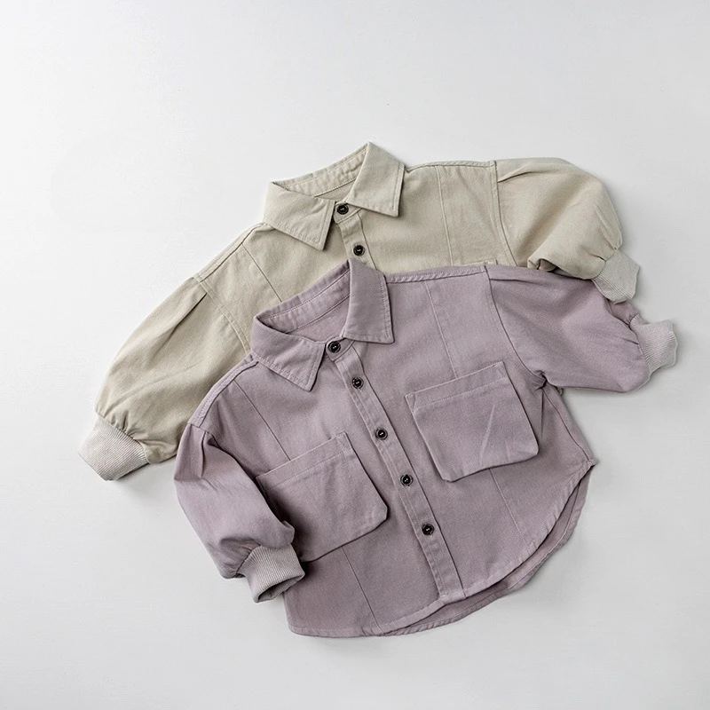 

2025 Autumn Children's Shirts 1-6T Simple Style Boys and Girls Turn-Down Collar Long Sleeve Shirt Coat Kids Outwear Tops