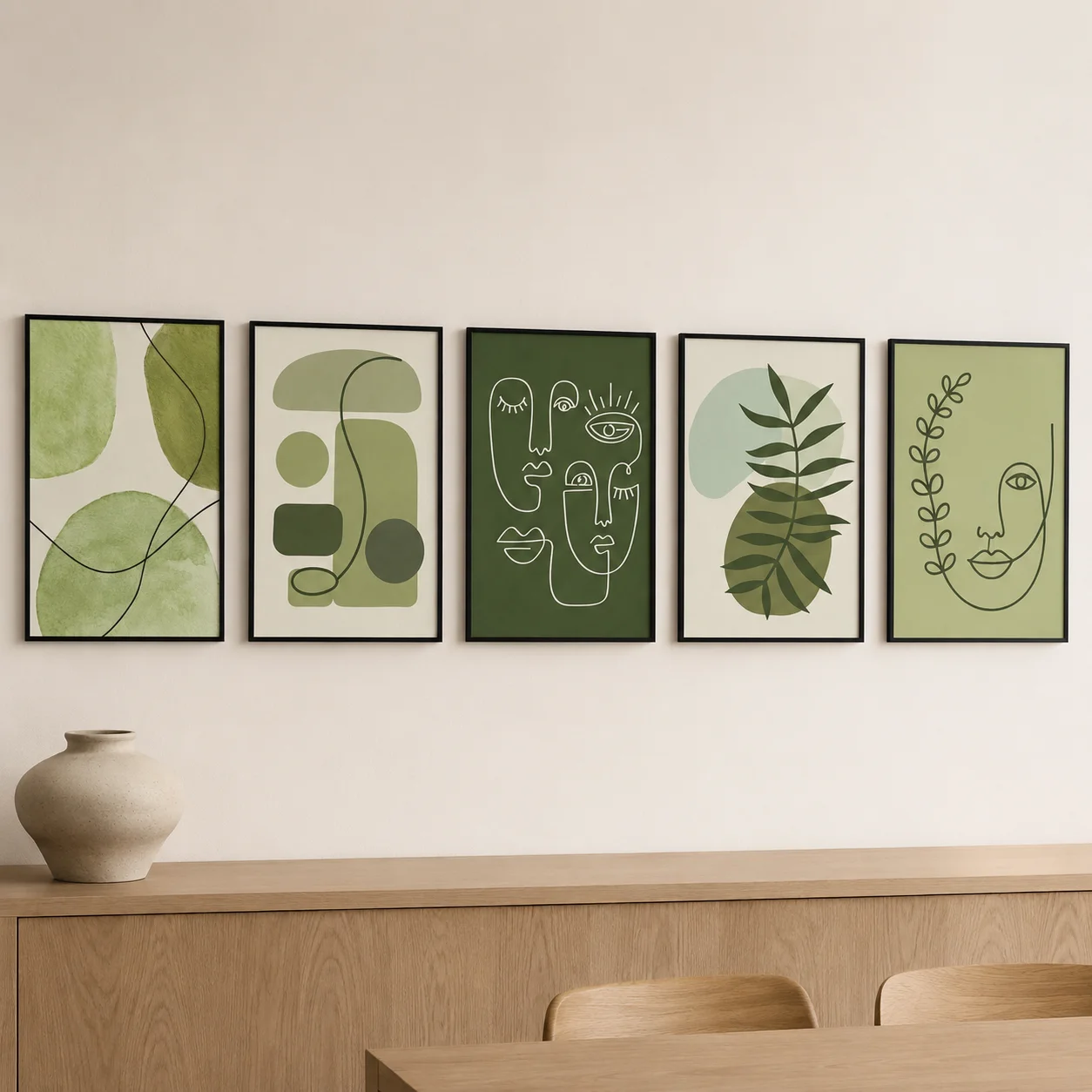 1pc frameless Canvas Painting Sage Green Abstract Line Art Canvas Gallery Wall Prints Minimalist Geometric Leaf Face Wall Art Bo