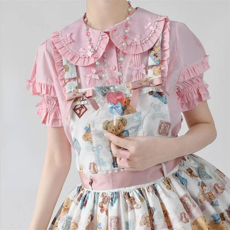 Gothic Y2k Lolita Short Sleeve Shirts Soft Girl Kwaii Peter Pan Collar Bowknot Tops Sweet Cute Clothing Victorian Vintage Blouse