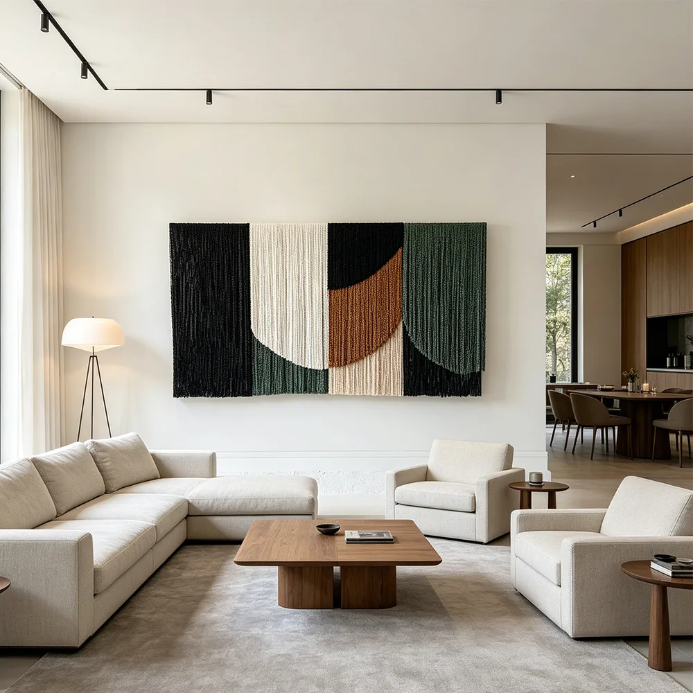 pp#Block Bespoke Textured Geometric Color Statement Piece Curved Fringe Macrame Wall Art for Luxury Interior Design%