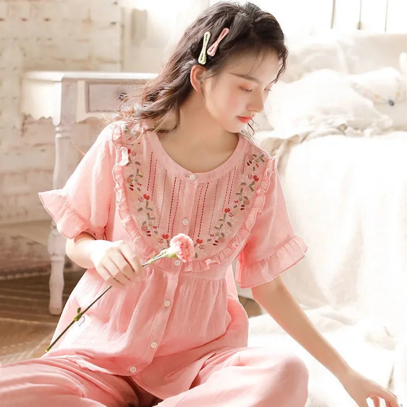 New Embroidered Pajamas Women Summer Pure Cotton Gauze Short Sleeved Long Pants Two Piece Set Japanese Style Sweet Cute Homewear