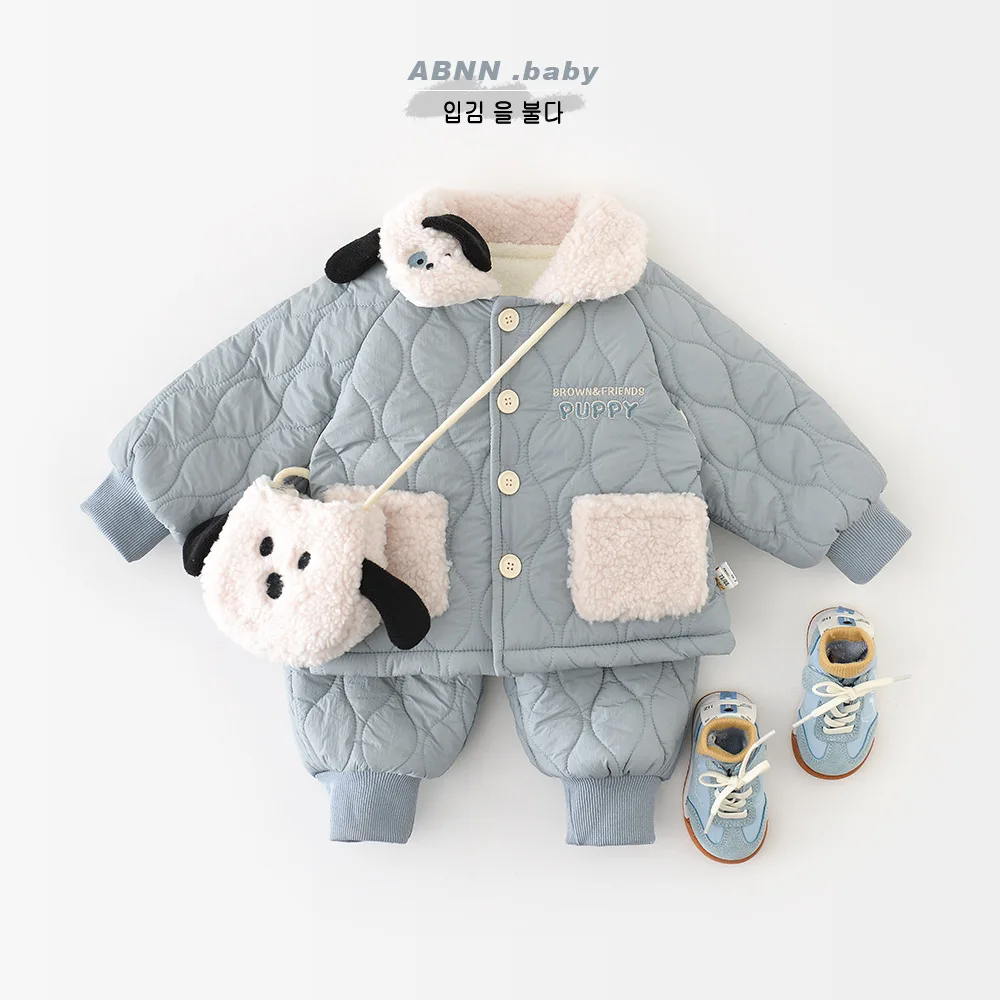 

Children Winter Pajamas Suit Winter 2025 Thicken Warm Kids Baby Girls Fleece Tops Jacket+quality Toddler Girls Casual Pant+bag