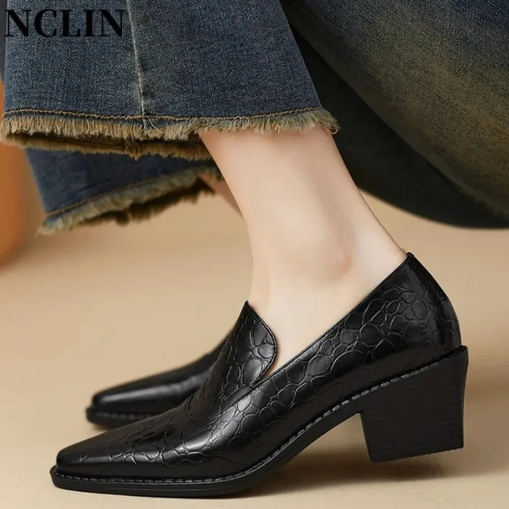 2026 Fashion genuine Leather loafers  Women's Pumps pointed Toe Stripper Elegant Party Vintage Spring Ladies Shoes Zapatos Mujer