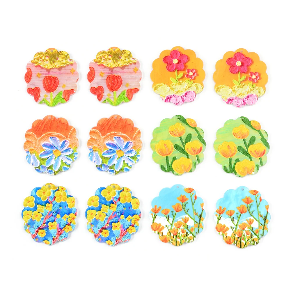 6pcs/lot Oval Acrylic Plate Bright Flowers Pendants Jewelry Accessory Handmade Connector DIY Earring Component for Girl Jewelry