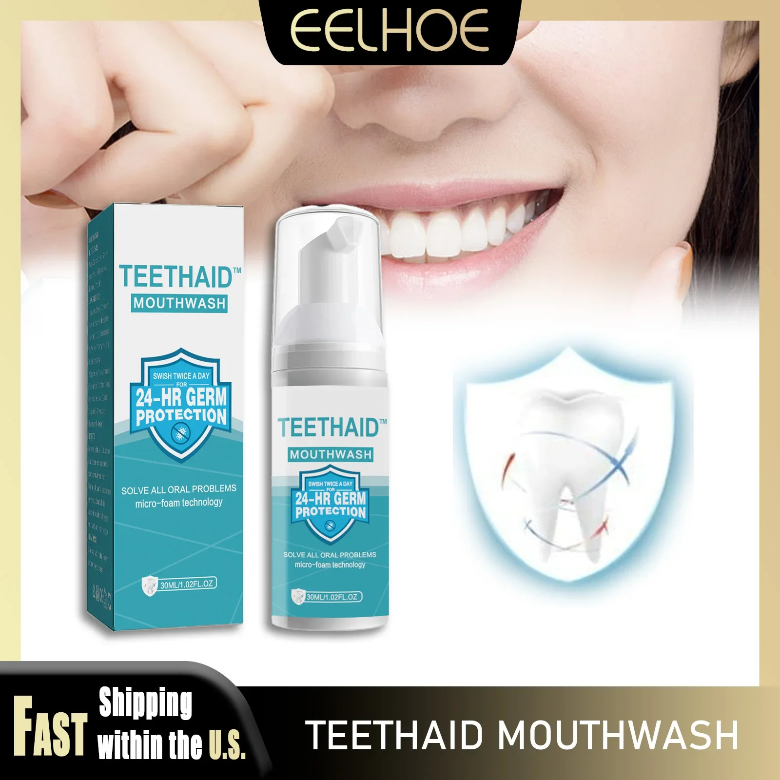 EELHOE Zahnschaum Mundwasser 30ml Alkoholfrei Frischer Atem Geruchsentfernung Tee-Minze Zahnaufhellung Reinigungsmousse Mundpflege