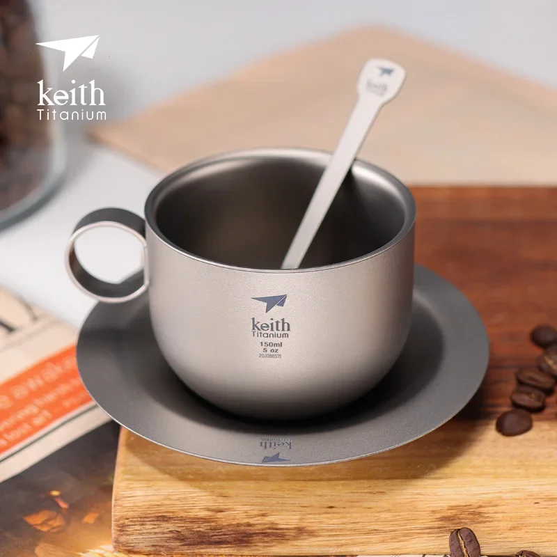 

Keith Pure Titanium Double-Wall Coffee Cup with Saucer and Spoon, Coffee Set, Water Cup Ti3601