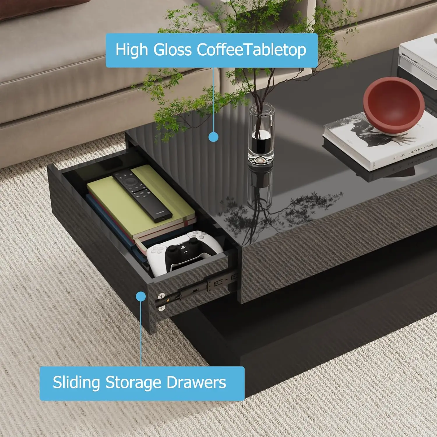 47.3인치 대형 고광택 LED 커피 테이블(수납 서랍 2개 포함), 검정색/흰색 거실용 현대식 커피 테이블, 거실용