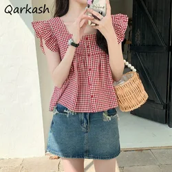 Blouses Women Flying Sleeve Plaid Vintage Kawaii Cute Sweet Girls Ruffles Buttons Korean Style Summer Cozy Fashion Street Chic