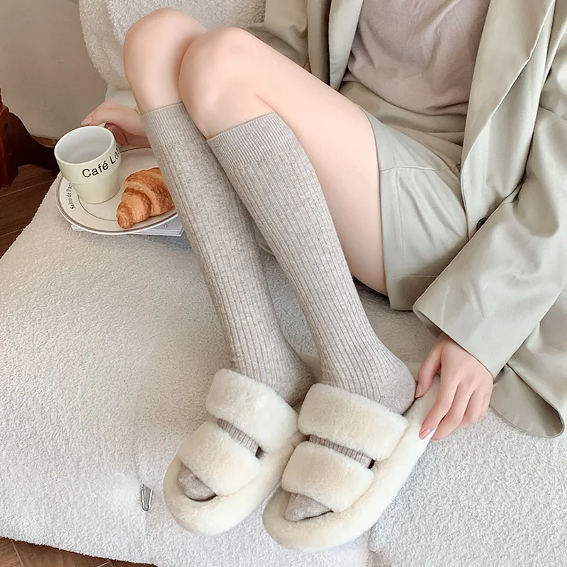 SP&CITY Autumn Winter Solid Color Stripes High Socks College Style Casual Warm Wool Calf Socks JK Academy Female Cashmere Sock