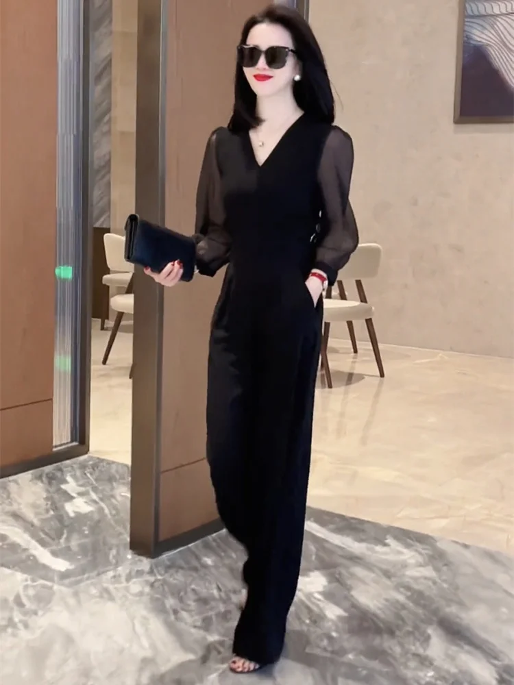 Salt Series Faionable Sweet Cool Sister costume une pièce femme longue Sve v-ne pantalon taille haute jambe longue fibre de Polyester