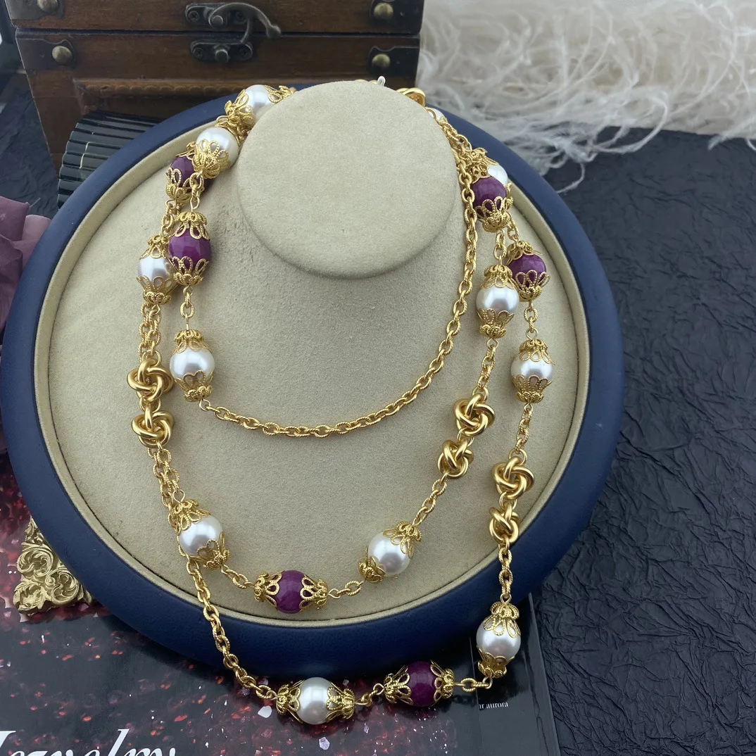 1.4M long Plated Gold Necklace Pearl And Agate Stone Decorated Flower Petals Wrapped Women's Fashion Necklace