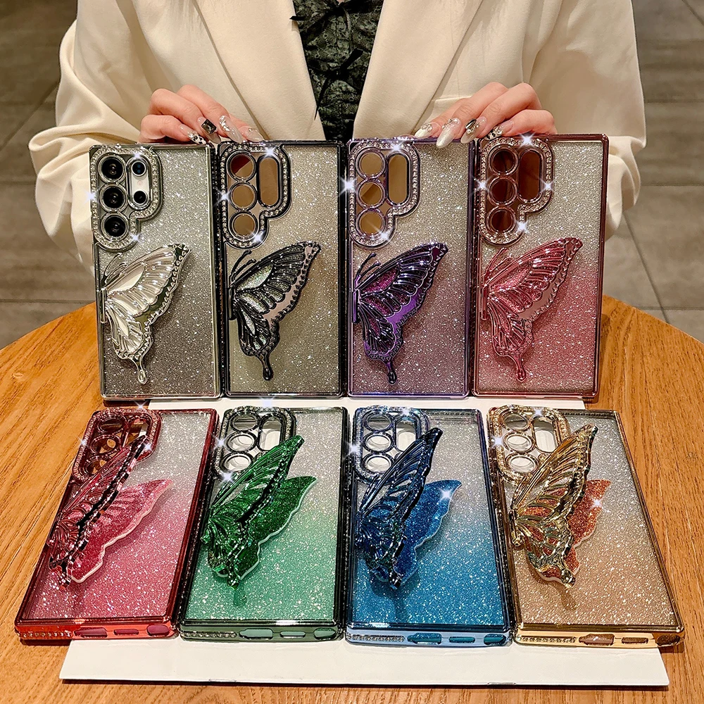 مرصع بالجواهر بريق بلينغ فراشة حامل حامل حافظة لهاتف سامسونج S25 S24 S23 الترا S22 زائد A73 A54 A35 A16 غطاء خلفي مقاوم للصدمات #2