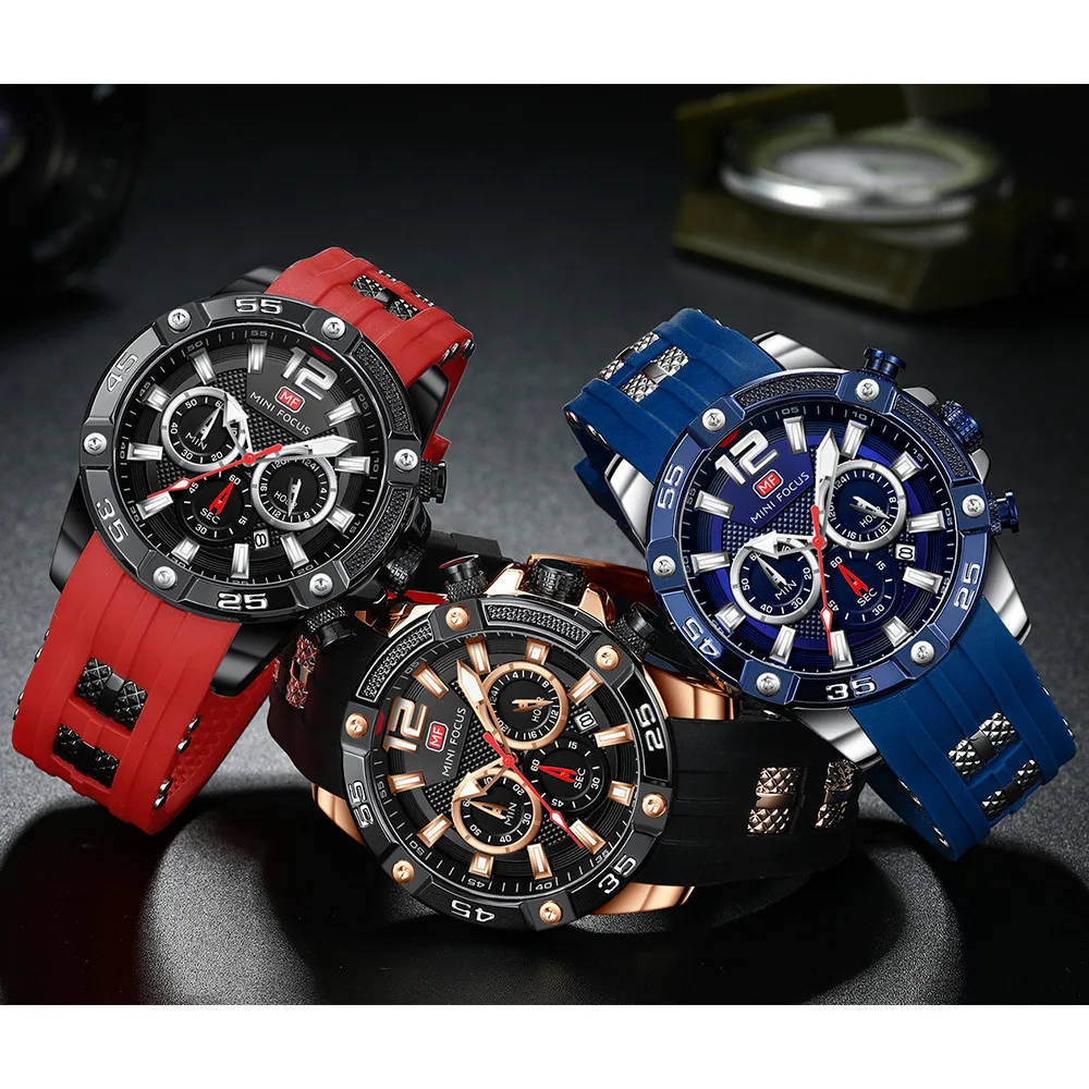 MINI FOCUS Luxury Brand Men\'s Watches Three Eyes Design Fashionable Sporty Silicone Strap Waterproof Date Quartz Watch for Men