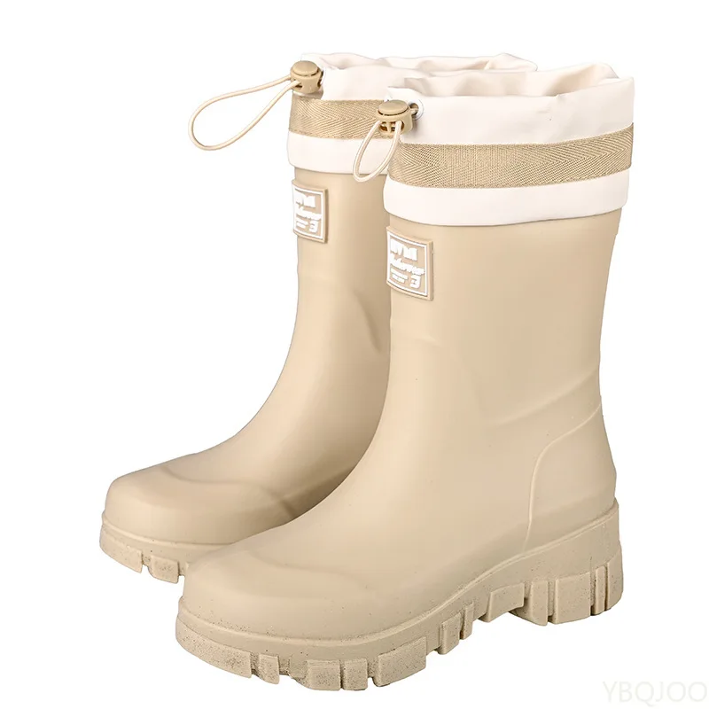 Feuchtigkeitsbeständige, wasserdichte Damen-Regenstiefel mit Kordelzug und mittlerem Schlauch, rutschfestem und vielseitigem, verstellbarem Kordelzug
