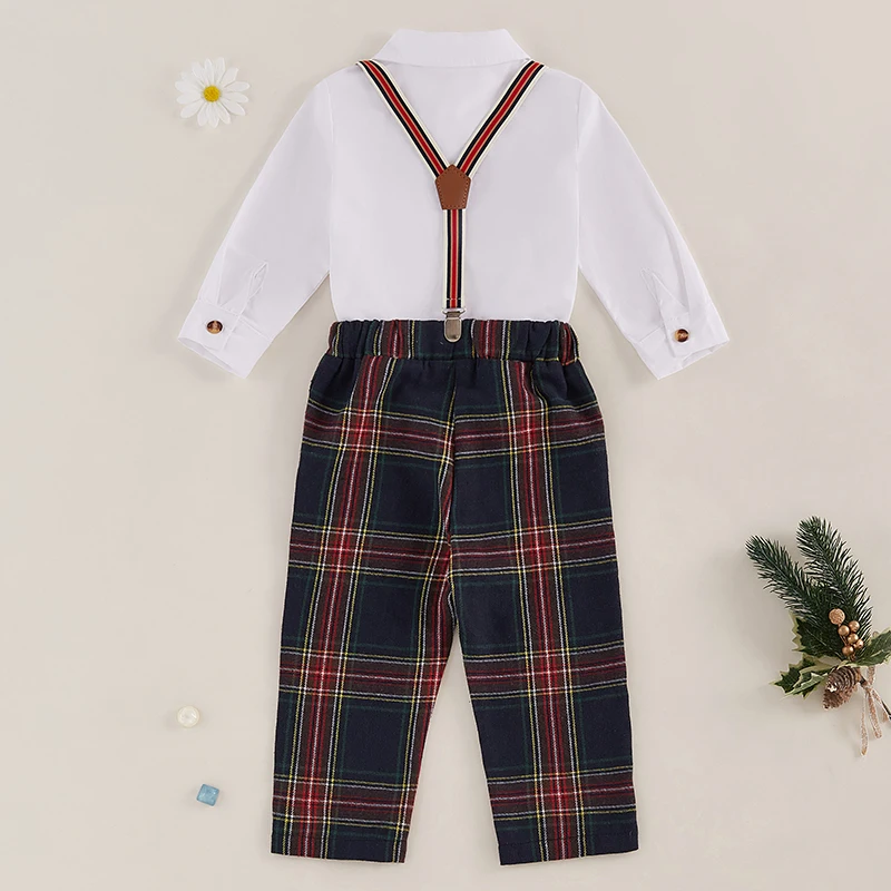 Pudcoco Kids Little Boy Gentleman Outfit, Long Sleeve Button Down Shirt with Bowtie Plaid Suspender Pants 2 Piece Set 1-7T