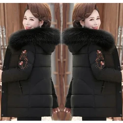 Middle Aged Female Down Cotton Jacket New Fashion Hooded Thick Warm Mid-length Outerwear Women Parkas Coat Large fur collar Coat