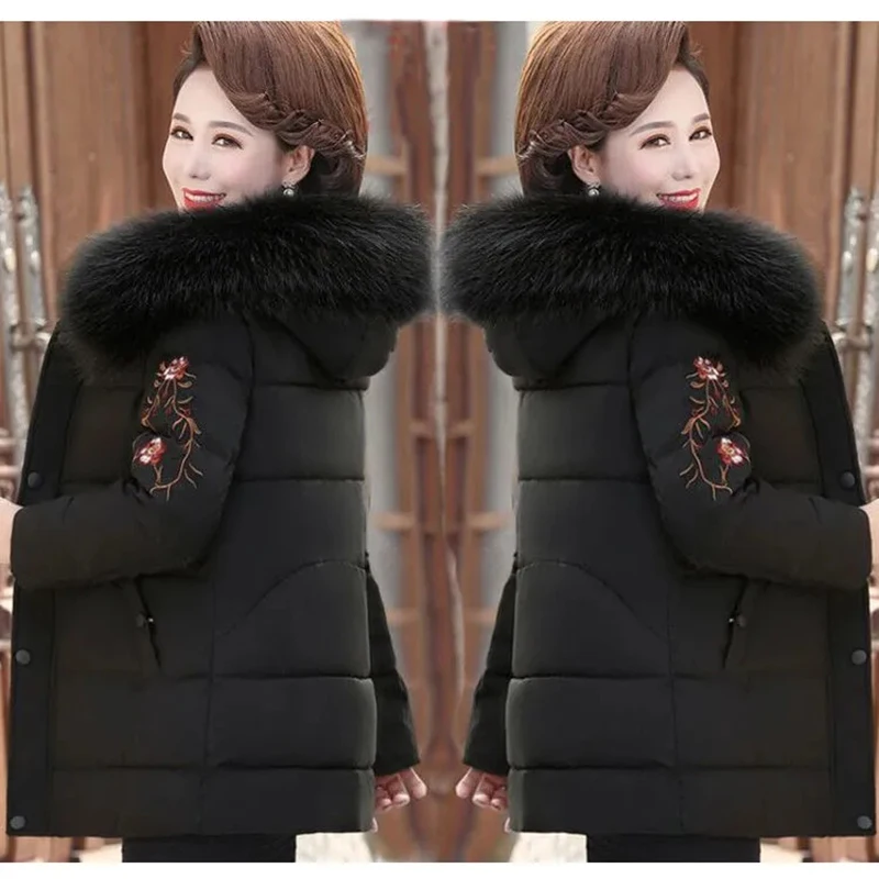 Middle Aged Female Down Cotton Jacket New Fashion Hooded Thick Warm Mid-length Outerwear Women Parkas Coat Large fur collar Coat