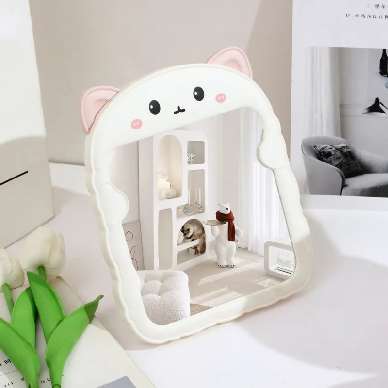 Foldable Plastic Cat Ear Bear Ear Vanity Mirror, Cute Tabletop Makeup Mirror for Student Dorm Office Desk, Thickened Single Side