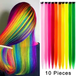 Clipe colorido reto no cabelo para mulheres e meninas, cabelo sintético longo, festa do arco-íris, extensões de destaques, 22 em, 10 pacotes, 1 pc