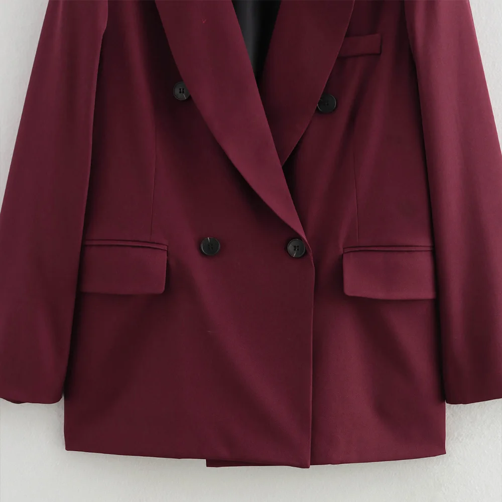 INS Fashion Wine Red Color Big Turn Down Collar Double Breasted Long Sleeves Women Loose Solid Mid Long Suit Coat ZATAF 2024 New