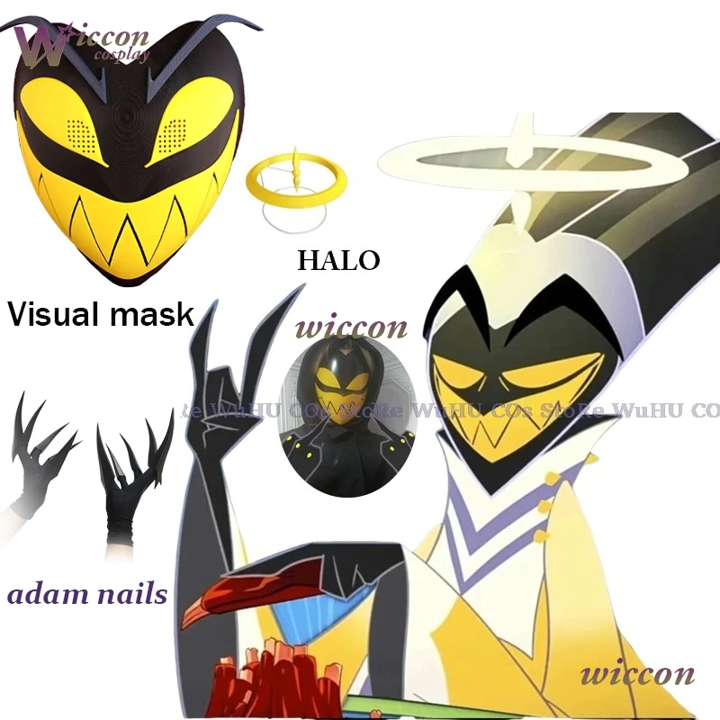 Hasbin Adam Cosplay uñas Anime Hotel primer hombre Ángel Halo máscara Cosplay fiesta de Halloween hombres adultos disfraz Adam casco