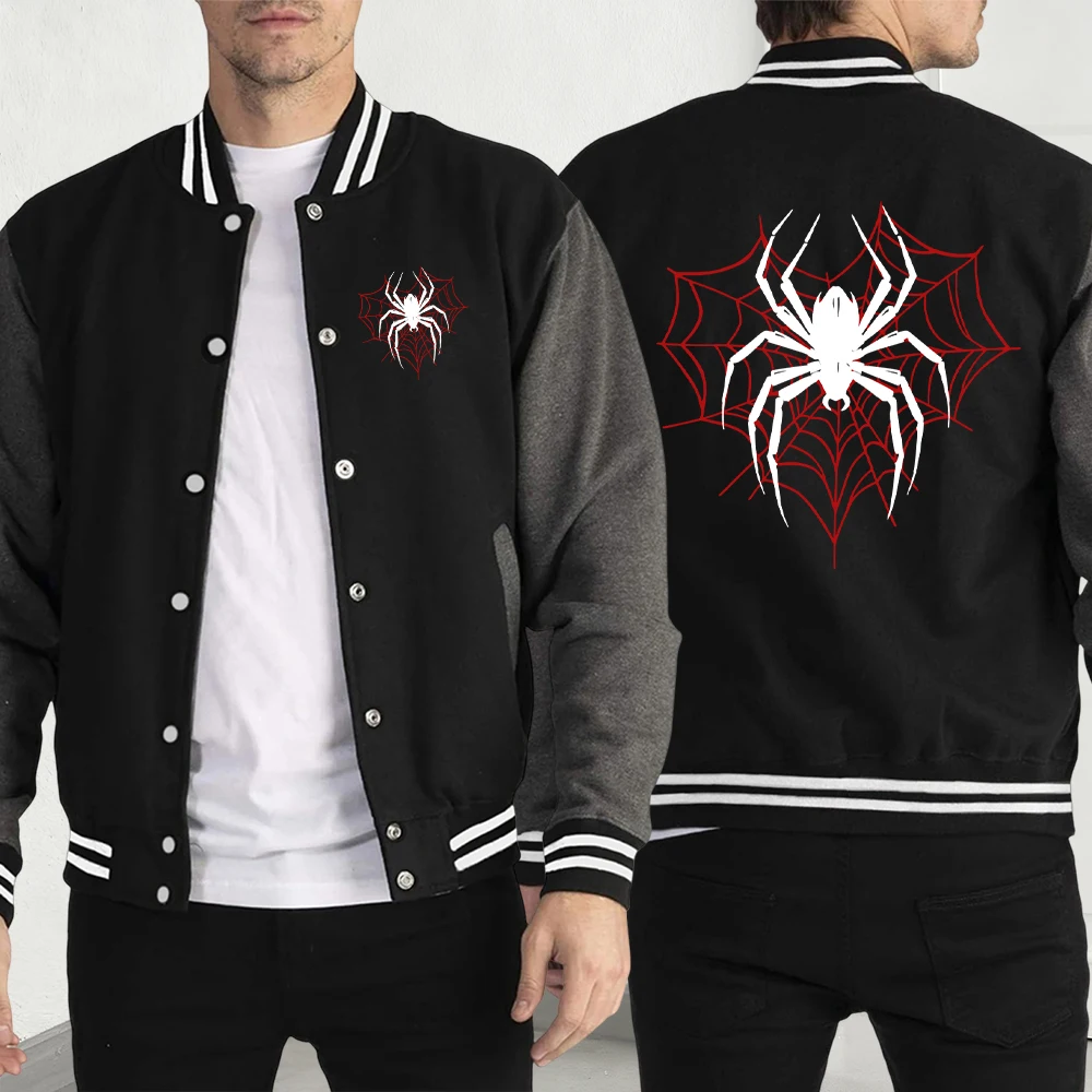 

Spiders On The Spider Web Print Jackets Men Streetwear Fashion Loose Baseball Jersey Fleece Pocket American Top Unisex Jacket