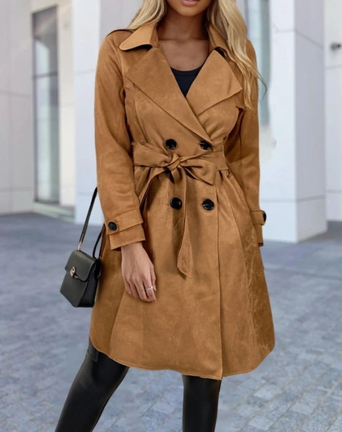 

Autumn New Fashion Double Breasted Long Trench Coat Classic Lapel Slim Overcoat with Belt Commuting Women's Casual Windbreaker